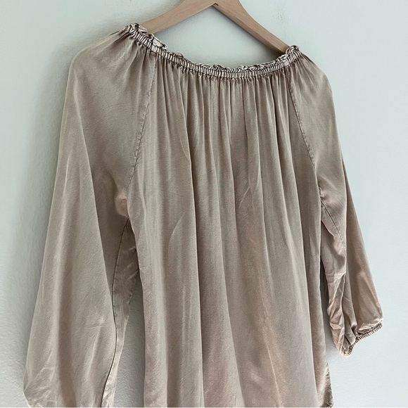 Solitaire Boho Peasant Embroidered 3/4 Sleeve Tassel Neck Blouse Brown Tan Small - Picture 4 of 9